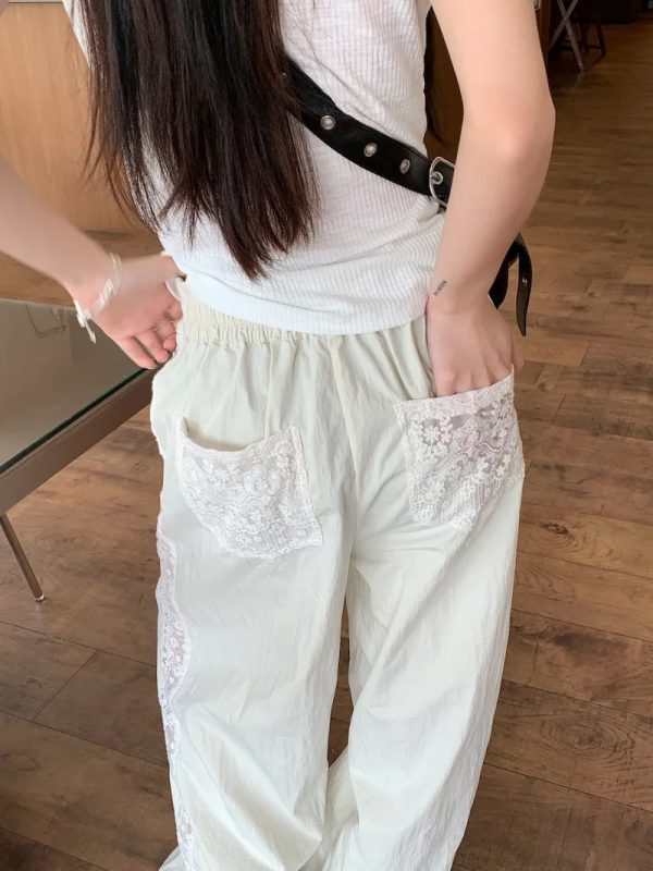 Casual Straight-leg Design Lace Wide-leg Pants - Image 4
