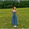 Denim Fashion Metal Single Breasted  Square Neck Sleeveless Slim Robes Maxi Dress