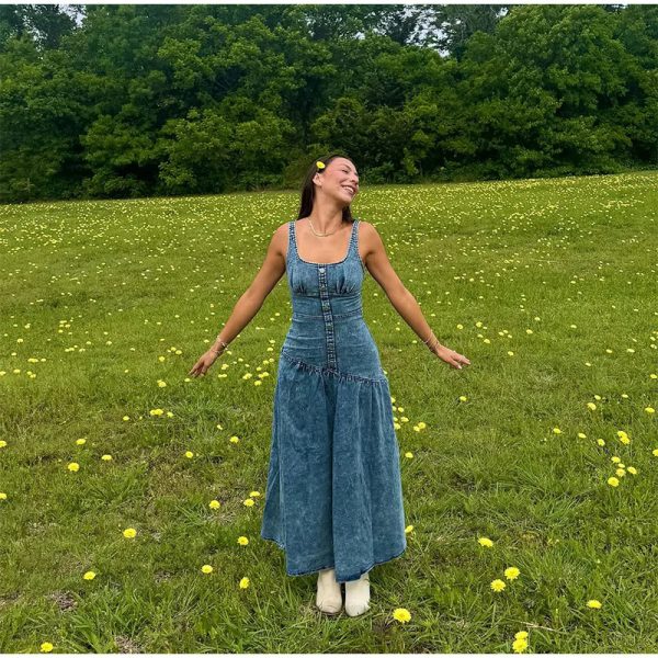 Denim Fashion Metal Single Breasted  Square Neck Sleeveless Slim Robes Maxi Dress