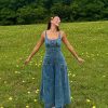 Denim Fashion Metal Single Breasted  Square Neck Sleeveless Slim Robes Maxi Dress - Image 3