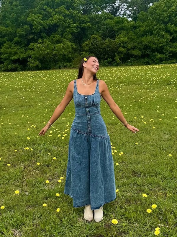 Denim Fashion Metal Single Breasted  Square Neck Sleeveless Slim Robes Maxi Dress - Image 3