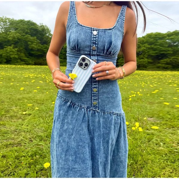 Denim Fashion Metal Single Breasted  Square Neck Sleeveless Slim Robes Maxi Dress - Image 4