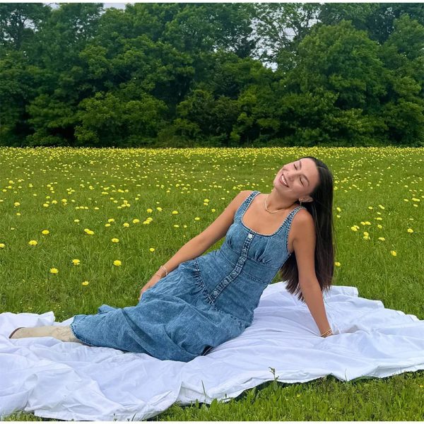 Denim Fashion Metal Single Breasted  Square Neck Sleeveless Slim Robes Maxi Dress - Image 5