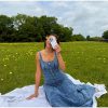 Denim Fashion Metal Single Breasted  Square Neck Sleeveless Slim Robes Maxi Dress - Image 6