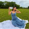 Denim Fashion Metal Single Breasted  Square Neck Sleeveless Slim Robes Maxi Dress - Image 7