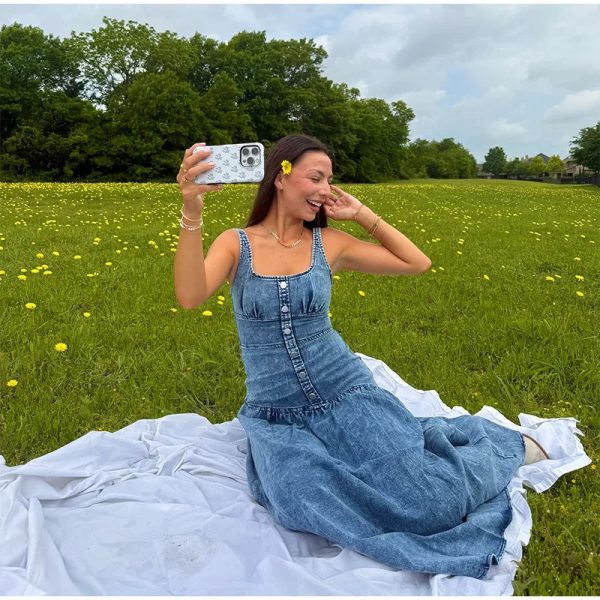 Denim Fashion Metal Single Breasted  Square Neck Sleeveless Slim Robes Maxi Dress - Image 7