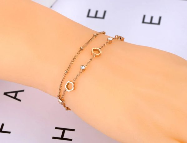 Double-layer Charm  CZ Crystal Flower Chain  Bohemia Stainless Steel Bracelets