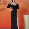 Elegant Beautiful Black Split Short Sleeved Formal Maxi Dresses - Image 6