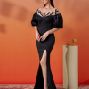 Elegant Beautiful Black Split Short Sleeved Formal Maxi Dresses
