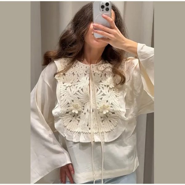 Elegant Embroidered Floral Flared Sleeves Round Necks Loose Tie Up Top - Image 2