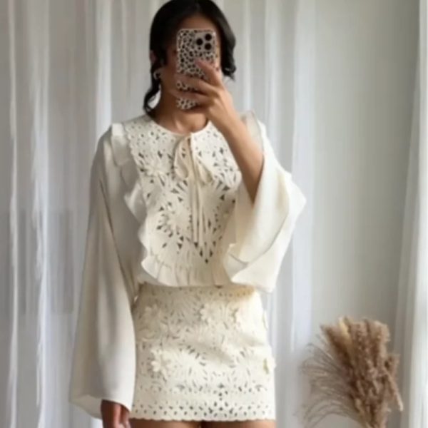 Elegant Embroidered Floral Flared Sleeves Round Necks Loose Tie Up Top - Image 3