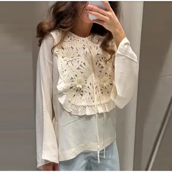 Elegant Embroidered Floral Flared Sleeves Round Necks Loose Tie Up Top - Image 4