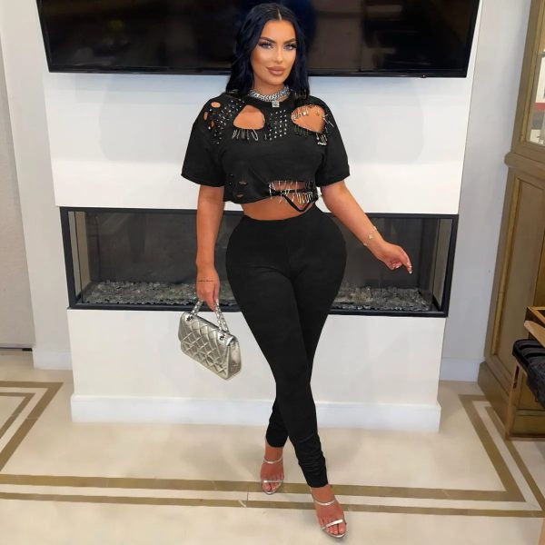 Elegant Hollow Pin Short Sleeve Crop Tops and Pencil Pants 2 Piece Set - Image 3