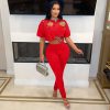 Elegant Hollow Pin Short Sleeve Crop Tops and Pencil Pants 2 Piece Set - Image 4