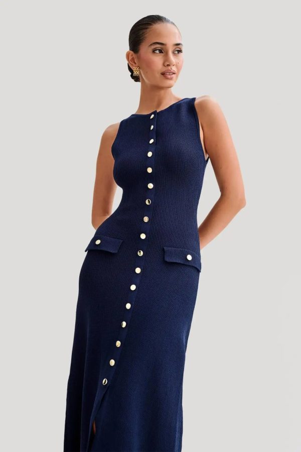 Elegant Knitted O Neck Sleeveless Single Breasted Fake Pockets Bodycon Dress - Image 9