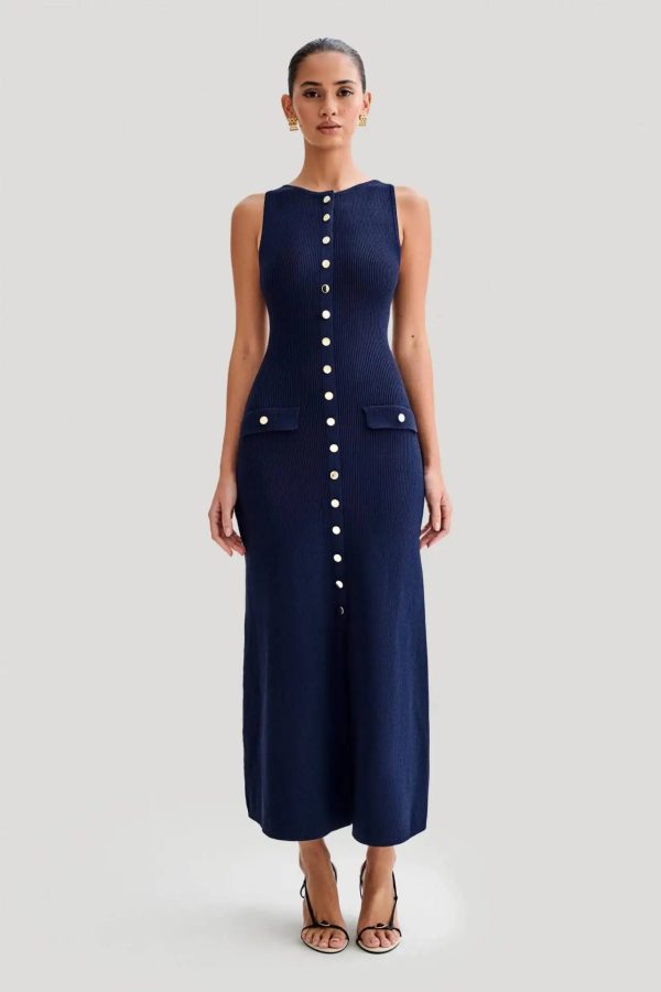 Elegant Knitted O Neck Sleeveless Single Breasted Fake Pockets Bodycon Dress - Image 10