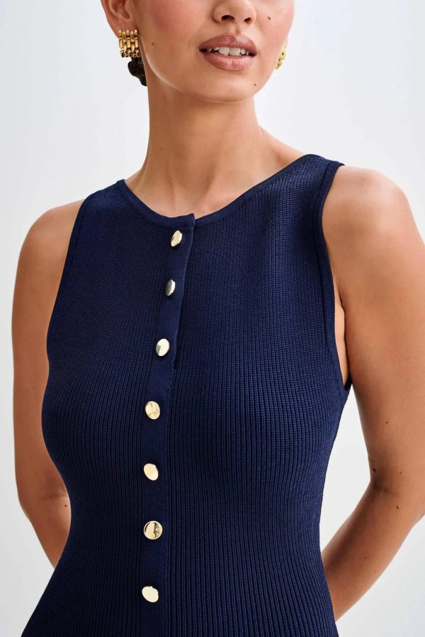 Elegant Knitted O Neck Sleeveless Single Breasted Fake Pockets Bodycon Dress - Image 6