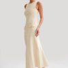 Elegant Knitted O Neck Sleeveless Single Breasted Fake Pockets Bodycon Dress