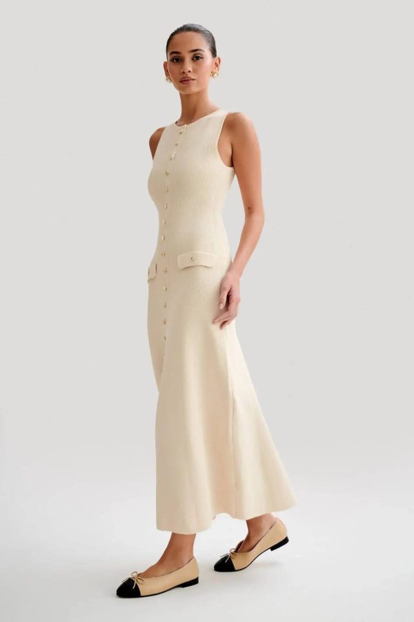 Elegant Knitted O Neck Sleeveless Single Breasted Fake Pockets Bodycon Dress