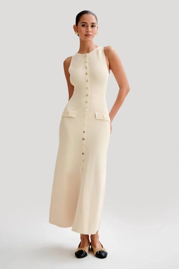 Elegant Knitted O Neck Sleeveless Single Breasted Fake Pockets Bodycon Dress - Image 2