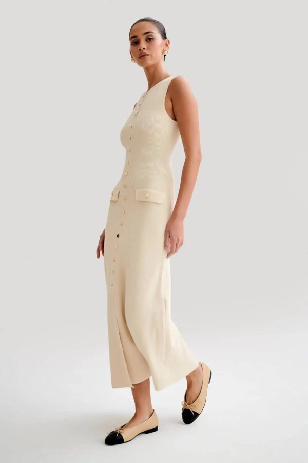 Elegant Knitted O Neck Sleeveless Single Breasted Fake Pockets Bodycon Dress - Image 5