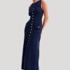Elegant Knitted O Neck Sleeveless Single Breasted Fake Pockets Bodycon Dress - Image 8