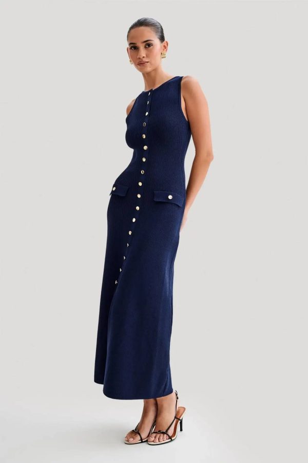 Elegant Knitted O Neck Sleeveless Single Breasted Fake Pockets Bodycon Dress - Image 8