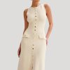 Elegant Knitted O Neck Sleeveless Single Breasted Fake Pockets Bodycon Dress - Image 4