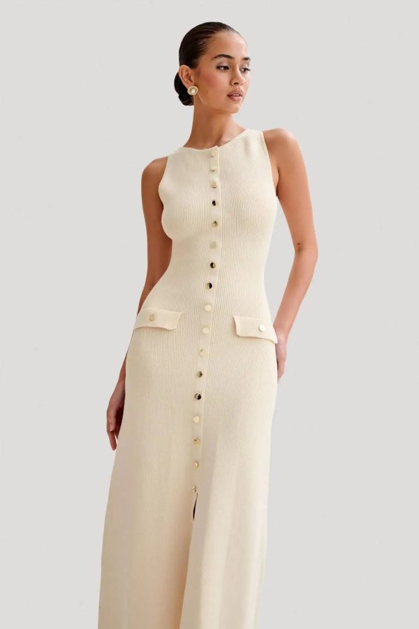 Elegant Knitted O Neck Sleeveless Single Breasted Fake Pockets Bodycon Dress - Image 4