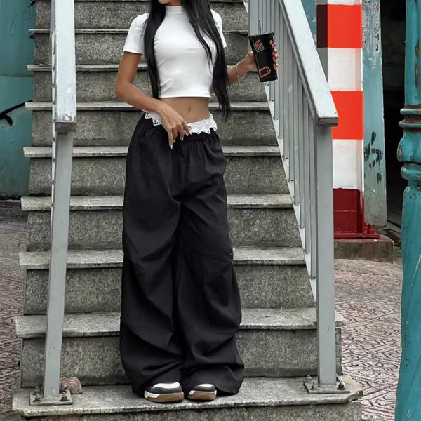 Korean Fashion Contrast Lace Stitching Wide Leg Baggy Pants