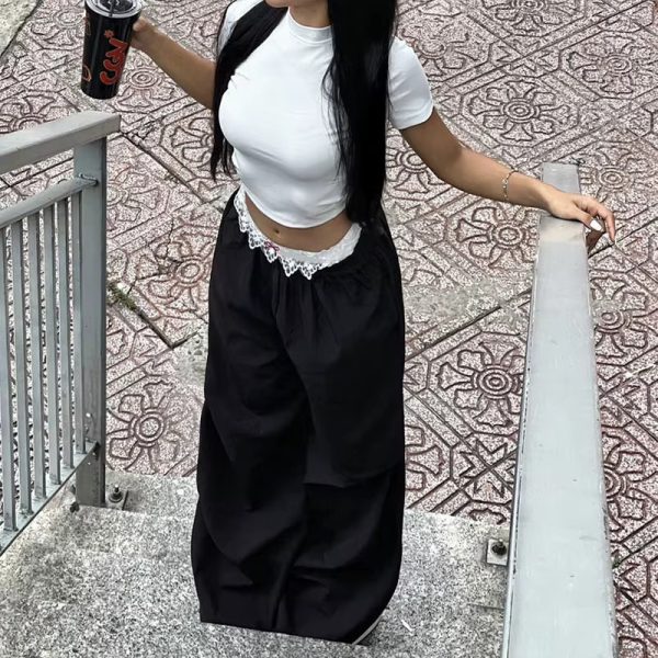 Korean Fashion Contrast Lace Stitching Wide Leg Baggy Pants - Image 2