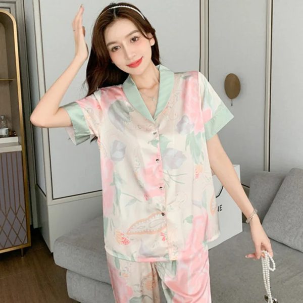 Lotus Cardigan Lapel Trousers  And Short Sleeve Loose Shirt Sleepwear  2-PCS Loungewear - Image 2