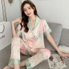 Lotus Cardigan Lapel Trousers  And Short Sleeve Loose Shirt Sleepwear  2-PCS Loungewear