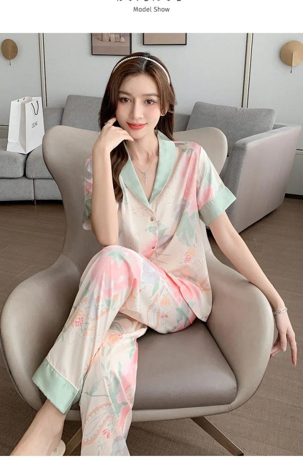 Lotus Cardigan Lapel Trousers  And Short Sleeve Loose Shirt Sleepwear  2-PCS Loungewear - Image 3