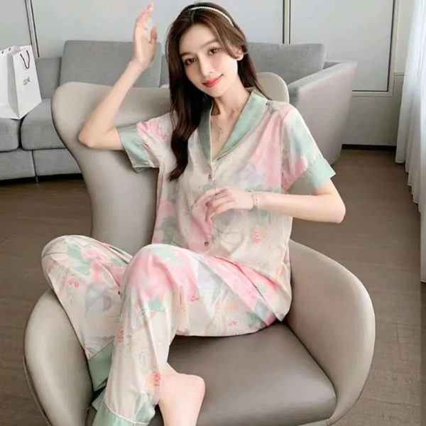 Lotus Cardigan Lapel Trousers  And Short Sleeve Loose Shirt Sleepwear  2-PCS Loungewear - Image 4
