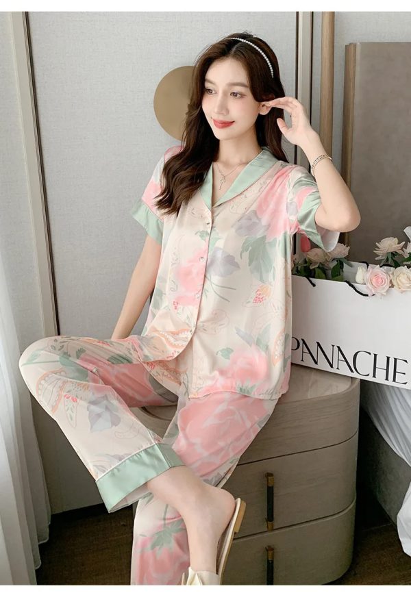 Lotus Cardigan Lapel Trousers  And Short Sleeve Loose Shirt Sleepwear  2-PCS Loungewear - Image 5