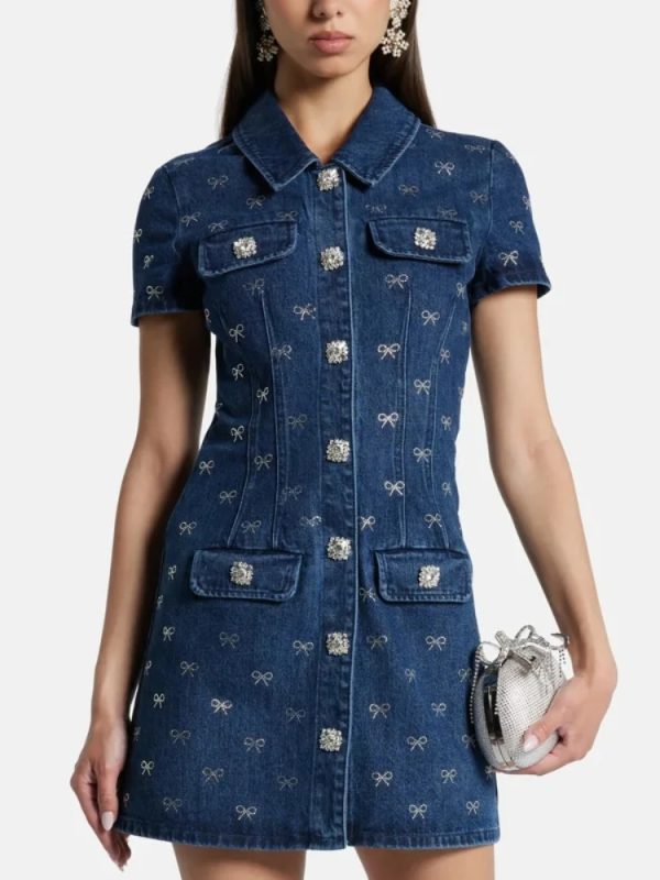 Luxury Mini Diamond Denim Short Sleeved Skirt Dress