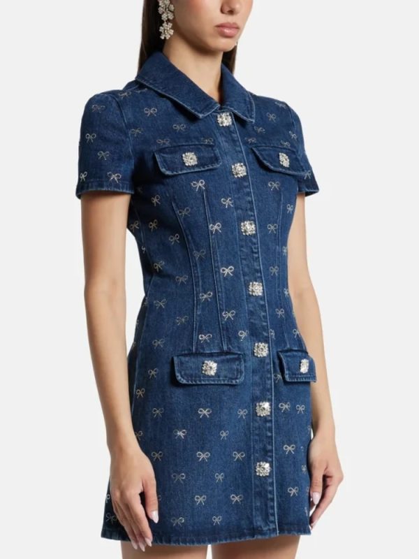 Luxury Mini Diamond Denim Short Sleeved Skirt Dress - Image 3