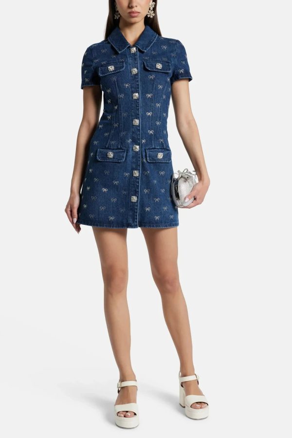 Luxury Mini Diamond Denim Short Sleeved Skirt Dress - Image 5