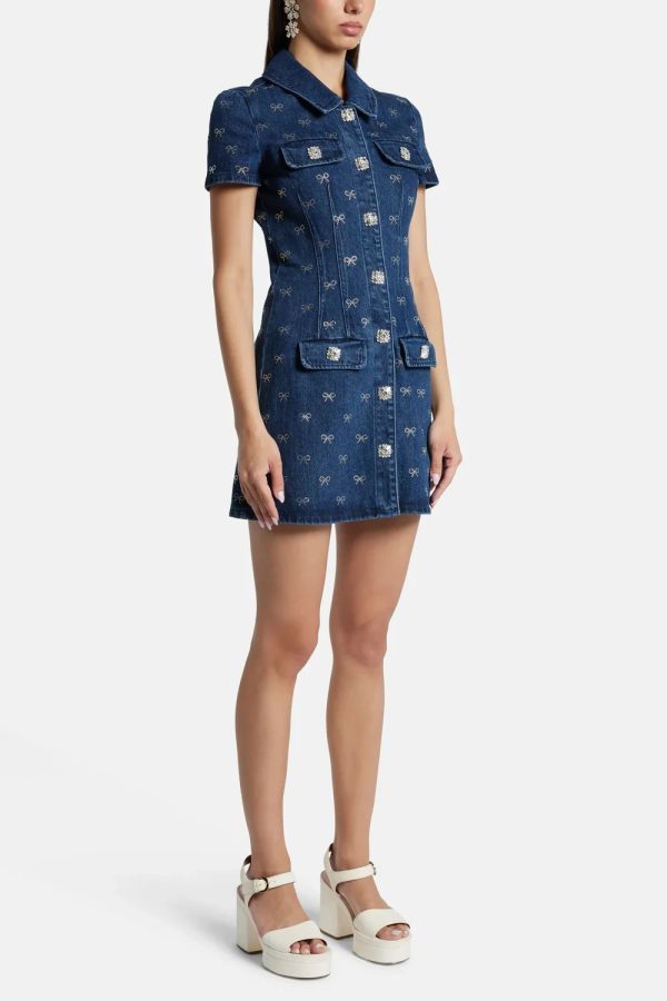 Luxury Mini Diamond Denim Short Sleeved Skirt Dress - Image 7