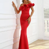 Luxury Off Shoulder Red Mermaid High Quality  Maxi Dress - Image 4