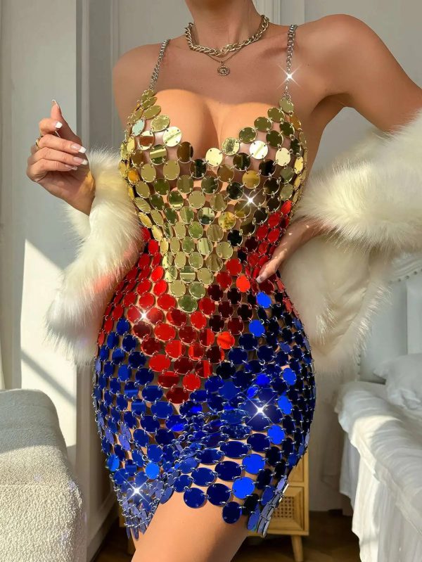 Metal Sequin Fashion Luxury See Through Mini Dress - Image 2