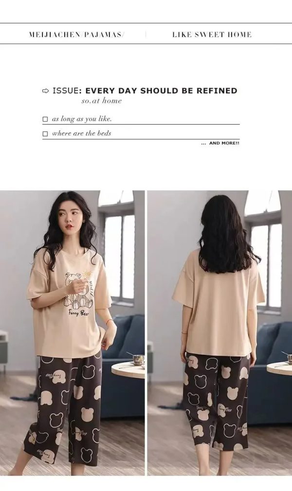 Pajama Set Plus Size Summer Student Thin Short Sleeve Seven Pants Round Neck Sleepwear - Image 2