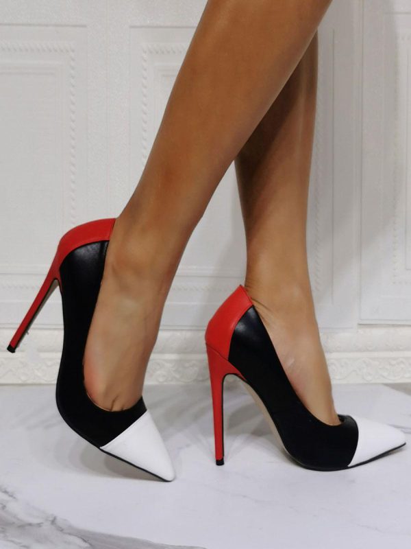 Patchwork Fashion PU Leather High Heels Pointed Toe Stiletto Heel Pumps - Image 2