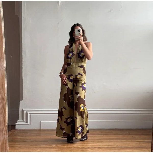 Printed Sequins Backless Halter Deep V-neck Neck  Straight Jumpsuit - Image 9