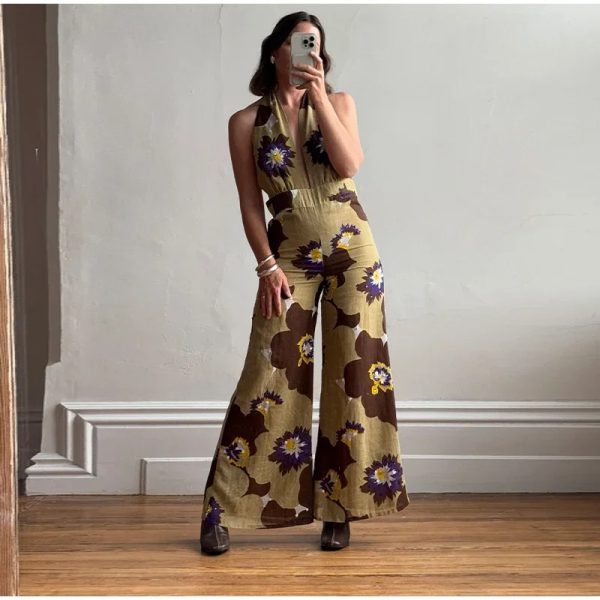 Printed Sequins Backless Halter Deep V-neck Neck  Straight Jumpsuit