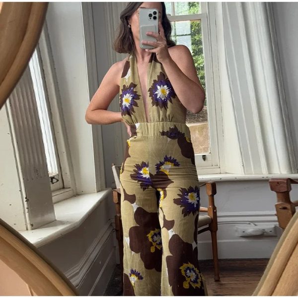 Printed Sequins Backless Halter Deep V-neck Neck  Straight Jumpsuit - Image 2