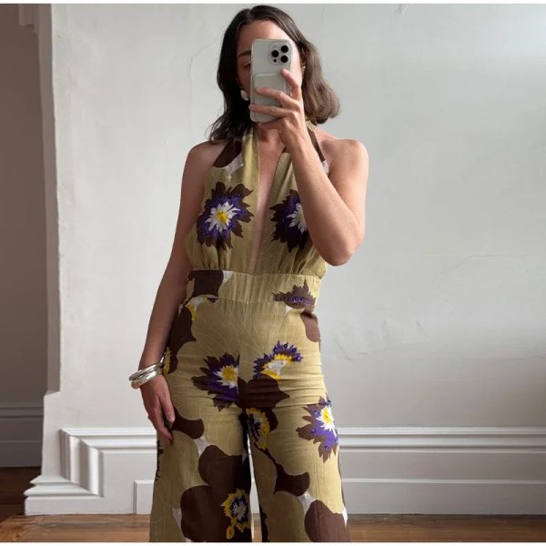 Printed Sequins Backless Halter Deep V-neck Neck  Straight Jumpsuit - Image 3
