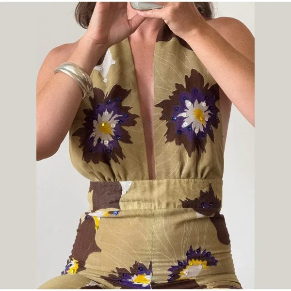 Printed Sequins Backless Halter Deep V-neck Neck  Straight Jumpsuit - Image 4