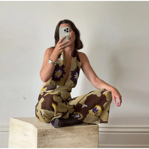 Printed Sequins Backless Halter Deep V-neck Neck  Straight Jumpsuit - Image 7
